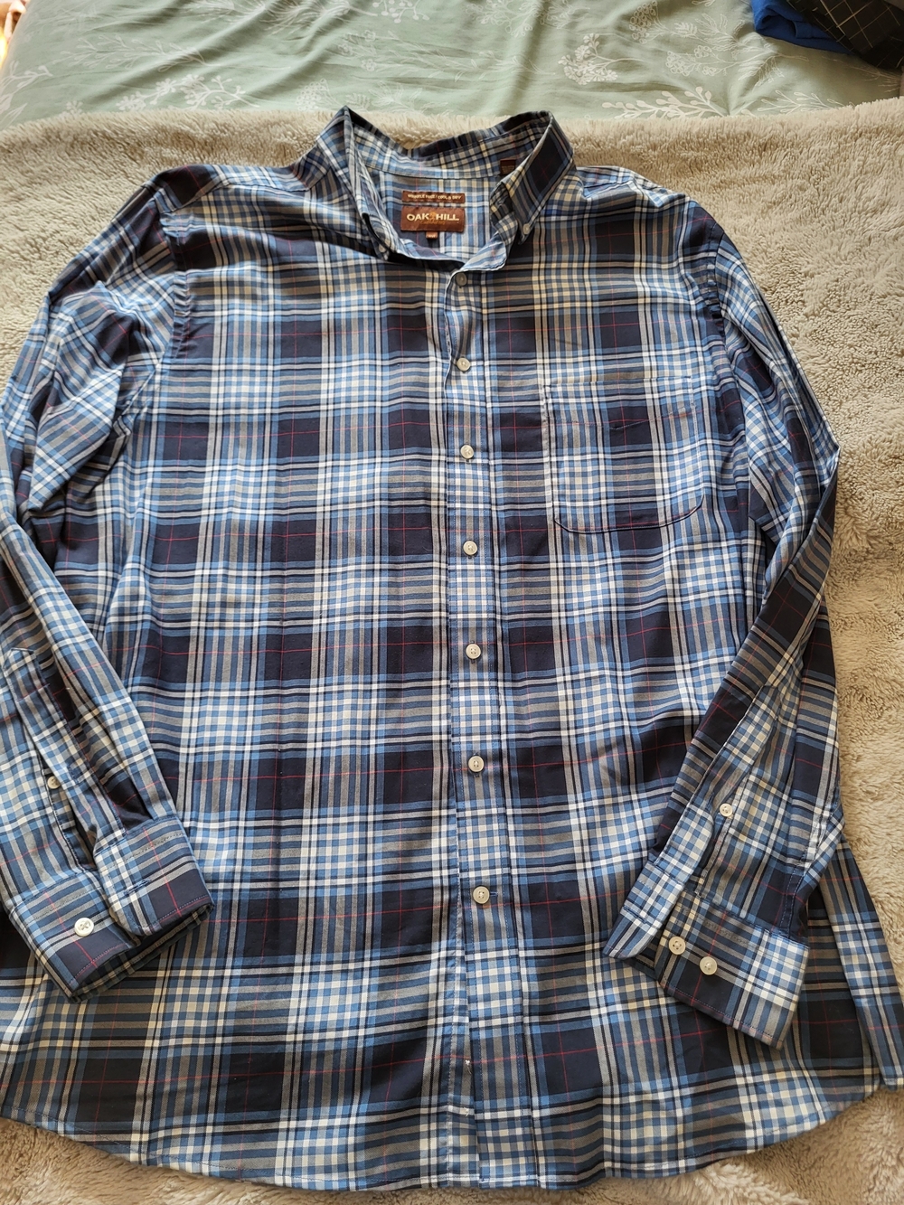 Men’s Navy and Light Blue Plaid Button-Down Shirt